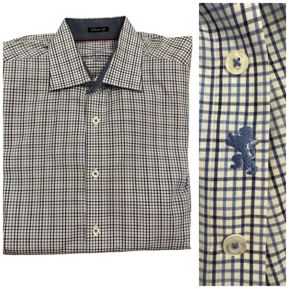 Bugatchi Uomo Men’s Dress Shirt Blue Check Flip Cuff Spread Collar